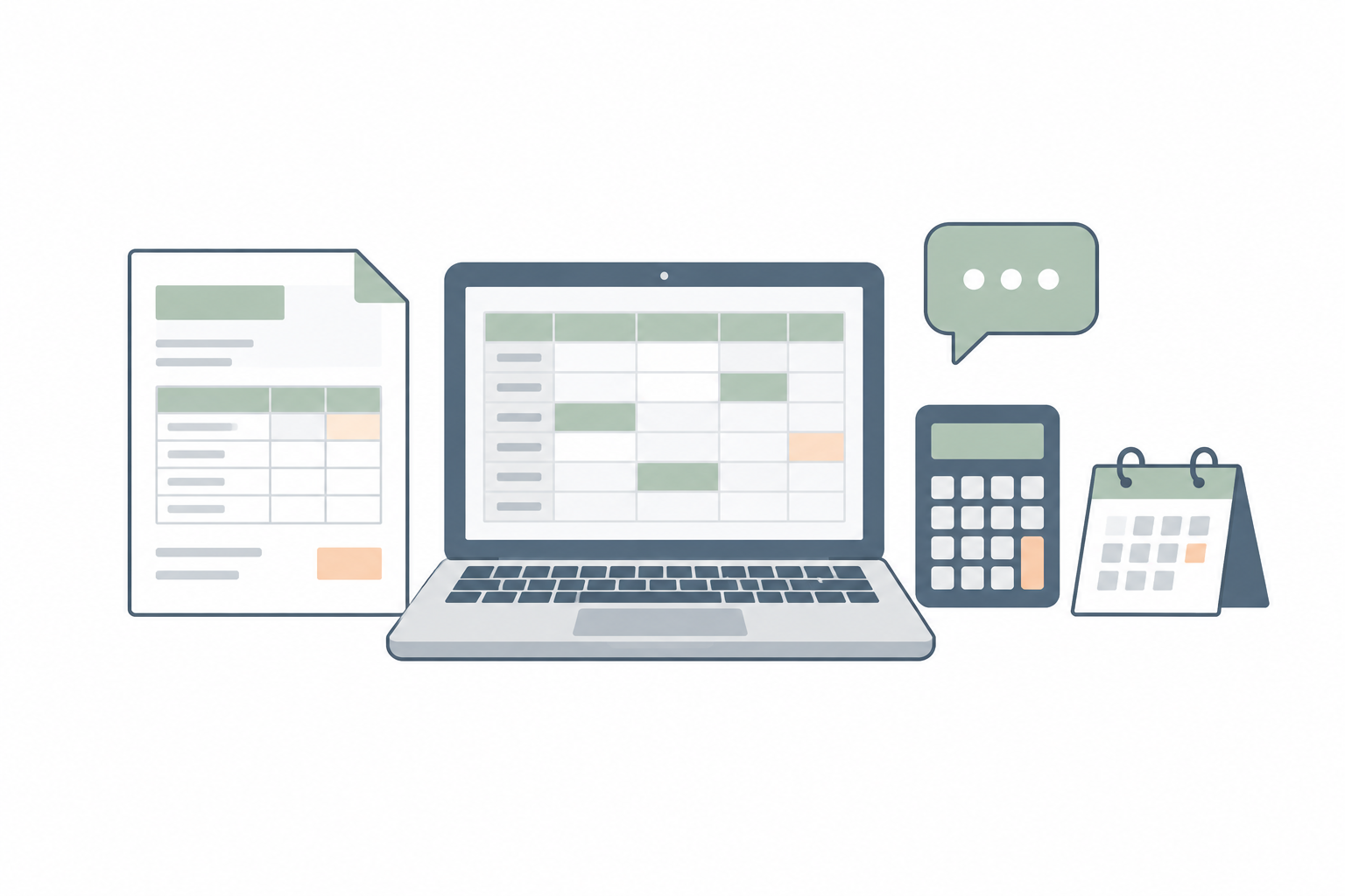 オンライン秘書の仕事を表すパソコン、請求書、電卓、カレンダーのイラスト