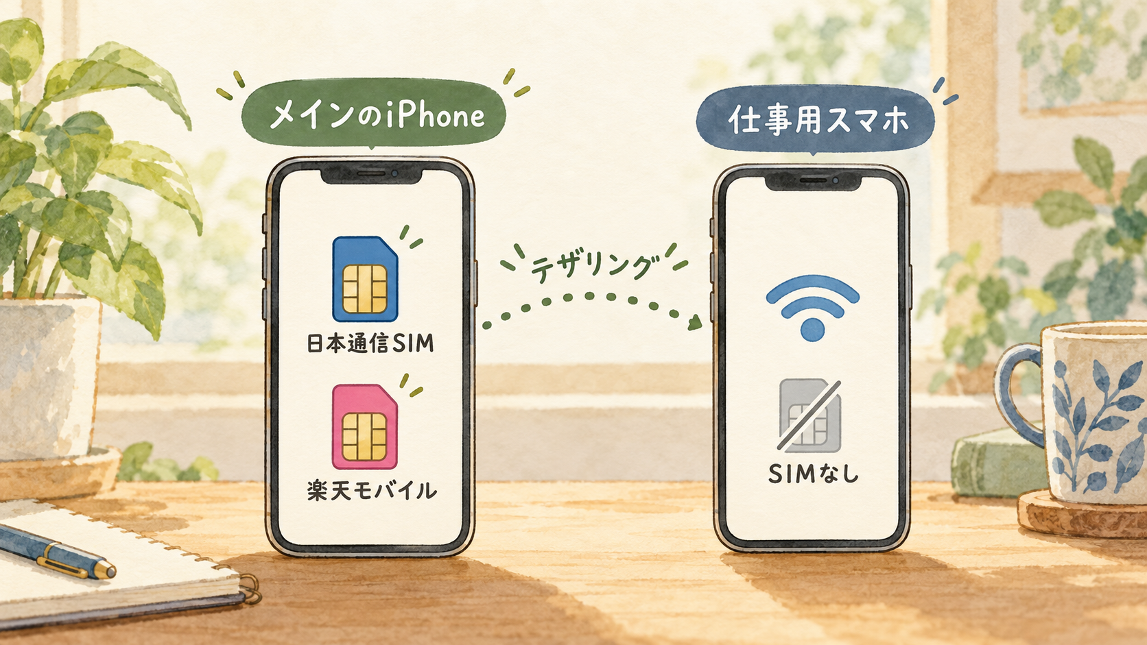 日本通信SIMと楽天モバイルを1台のiPhoneにまとめ、SIMなしの仕事用スマホへテザリングする構成