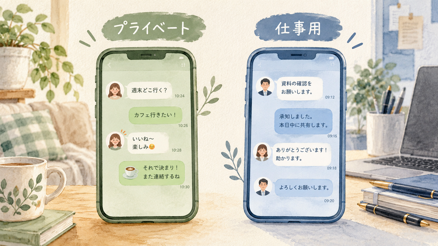 プライベートと仕事用のチャットをスマホ2台で分けるイメージ