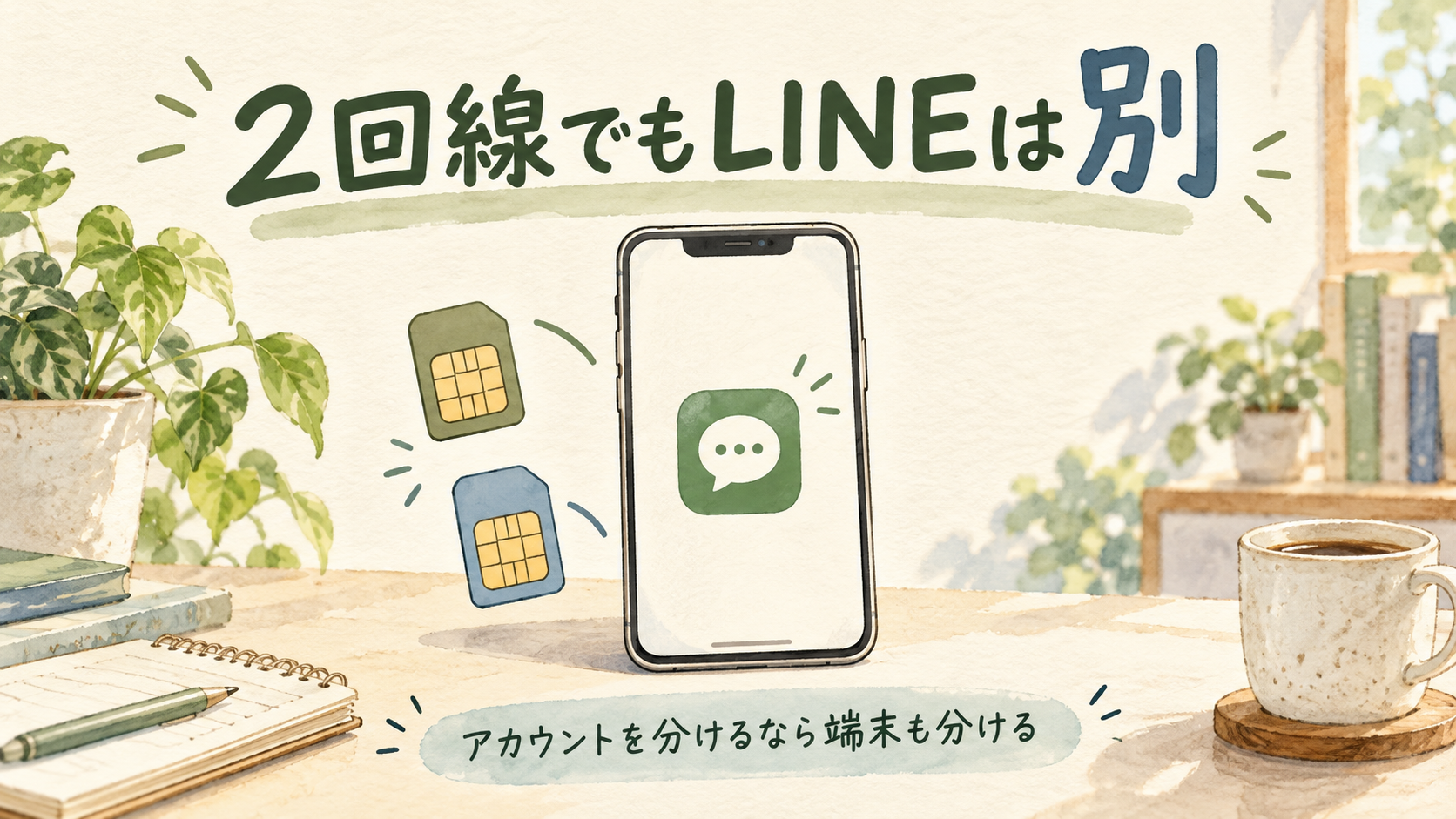 iPhoneに2回線入れてもLINEアカウントの切り替えはできないことを示すイラスト