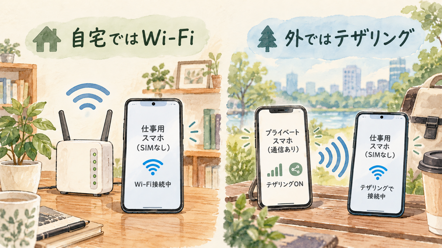 SIMなしの仕事用スマホを自宅のWi-Fiと外出先のテザリングで接続する図