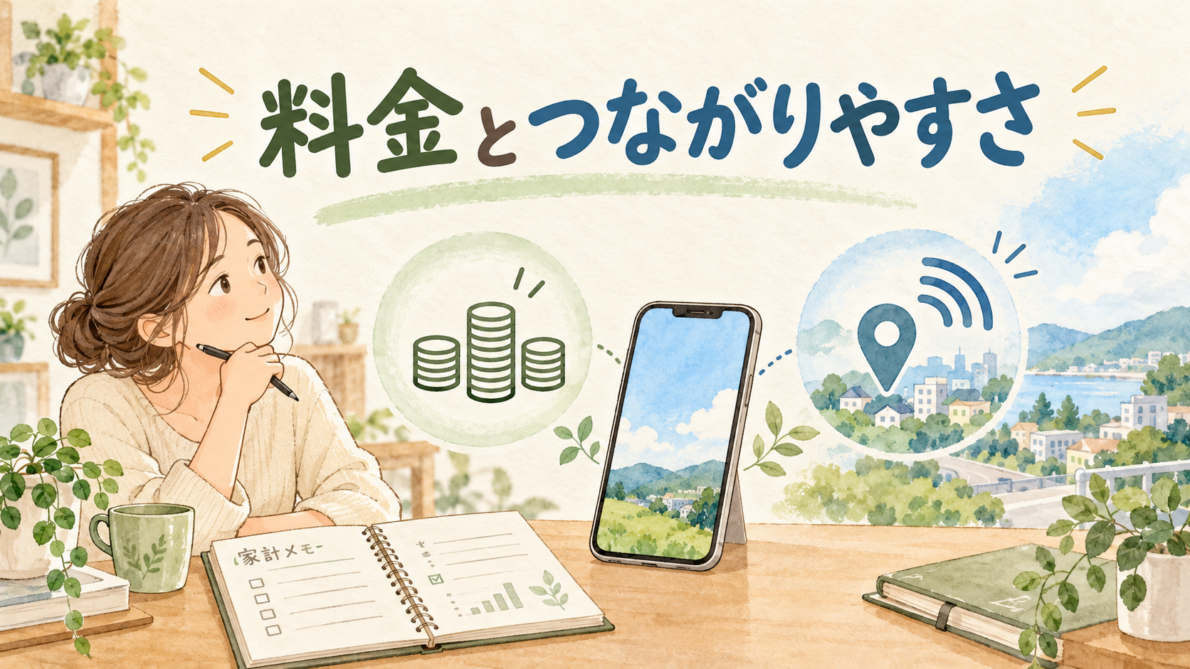 料金と生活圏でのつながりやすさを考えて回線を選ぶイメージ