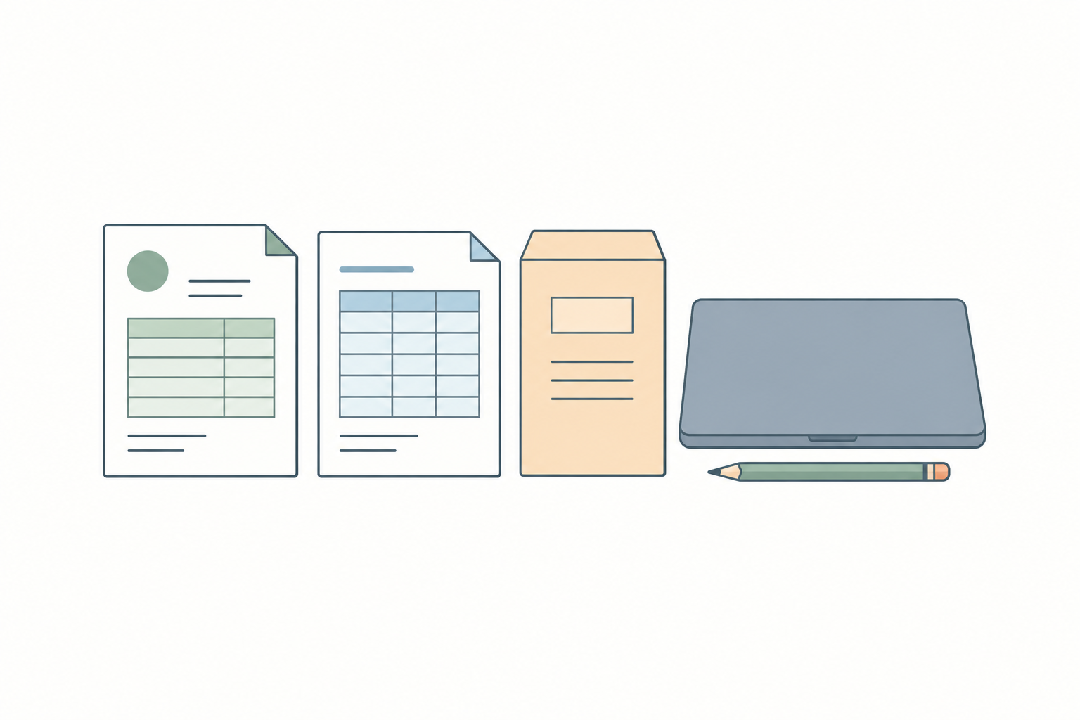 請求書や表計算の書類を整理して業務経験を振り返るイラスト