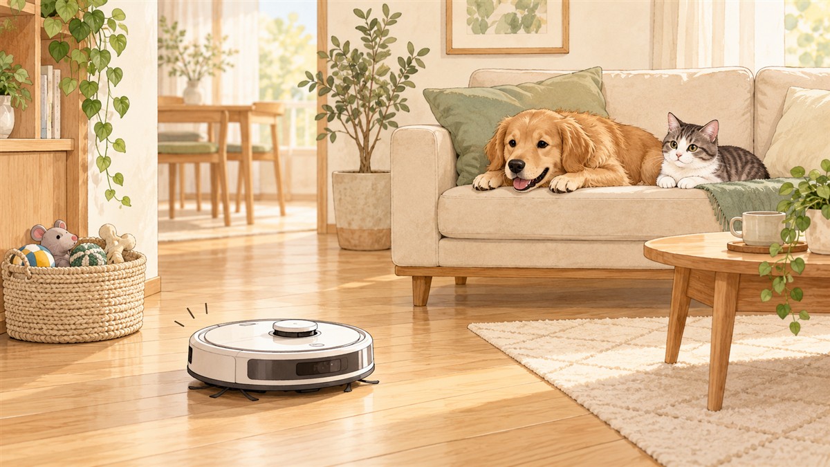犬と猫のいる部屋をロボット掃除機が掃除するイラスト