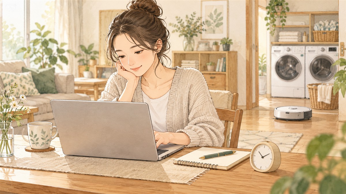家電に家事を任せ、ノートパソコンで作業する女性のイラスト