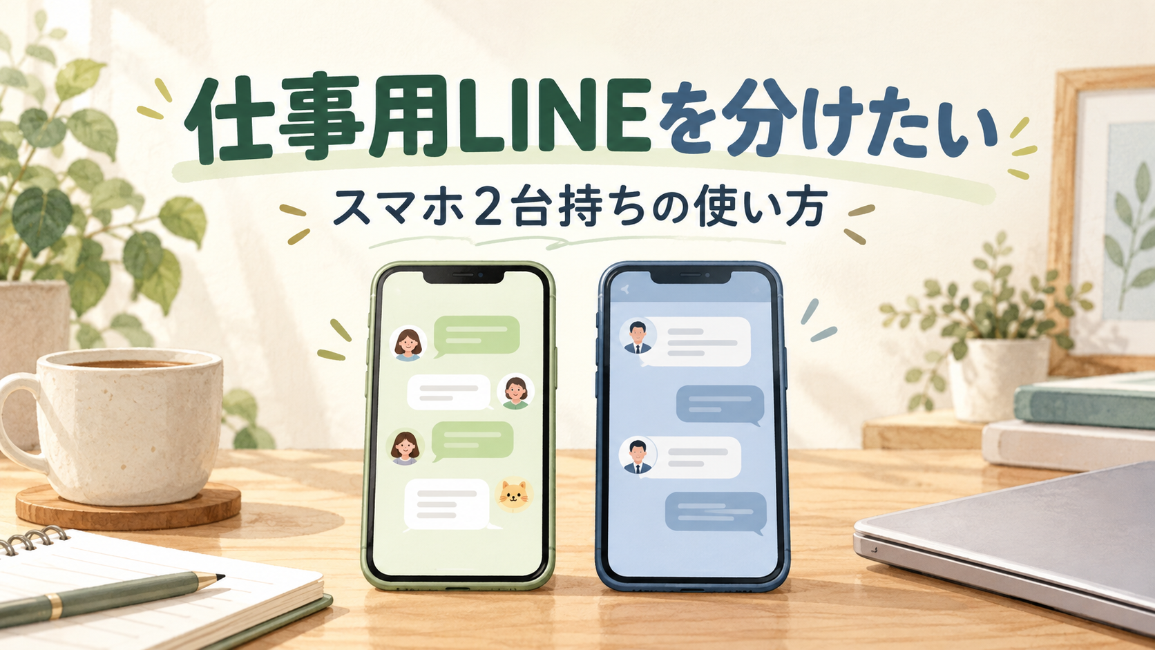 仕事用LINEを分けたい：仕事とプライベートのチャットを使い分けるスマホ2台のイラスト